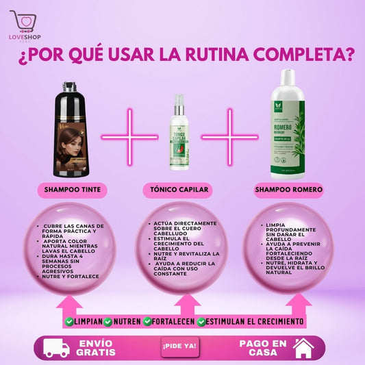 TRIO COMPLETO (SHAMPOO TINTE + SHAMPOO ROMERO + TÓNICO CAPILAR)