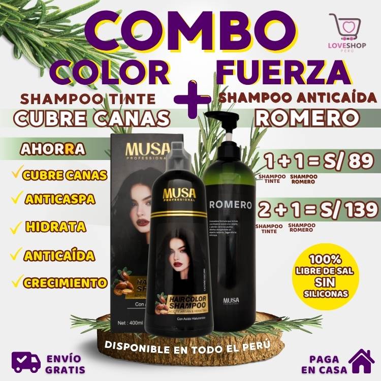 PACK 2 X 1 (SHAMPOO TINTE CUBRE CANAS 400ML + SHAMPOO ROMERO 1000ML)