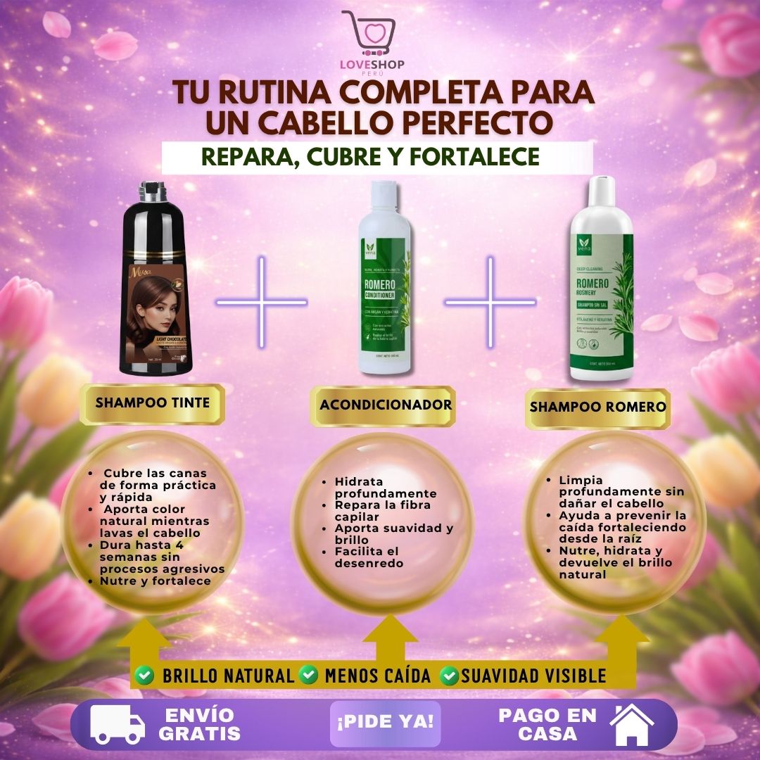 TRÍO CAPILAR COMPLETO ( SHAMPOO TINTE + SHAMPOO ROMERO + ACONDICIONADOR ROMERO)
