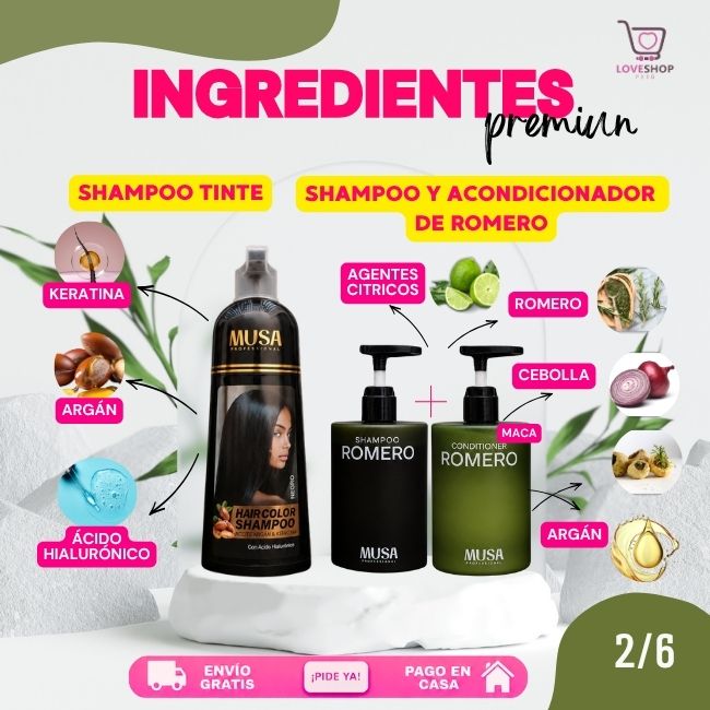 TRIO ANTICANAS+ANTICAÍDA+ANTICASPA (SHAMPOO TINTE 400 ML + SHAMPOO ROMERO 500 ML + ACONDICIONADOR 500 ML)