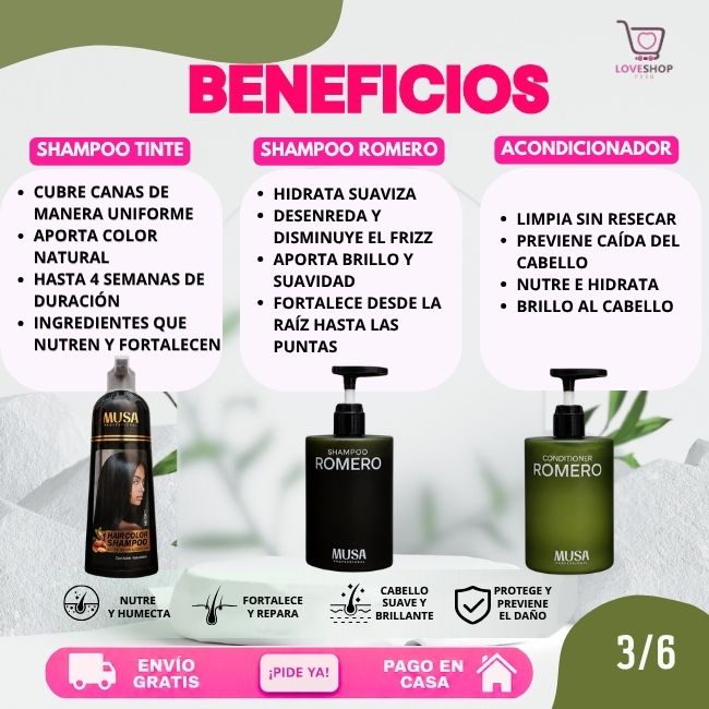 TRIO ANTICANAS+ANTICAÍDA+ANTICASPA (SHAMPOO TINTE 400 ML + SHAMPOO ROMERO 500 ML + ACONDICIONADOR 500 ML)
