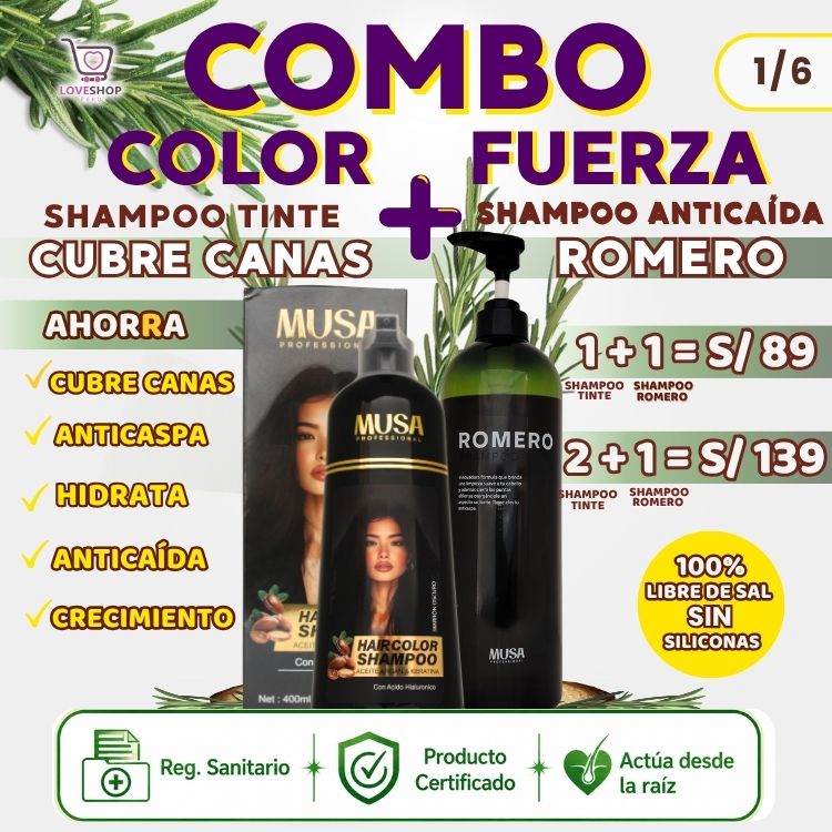 COMBO MUSA ANTICANAS + ANTICAÍDA ( SHAMPOO TINTE CUBRE CANAS 400 ML + SHAMPOO ROMERO 1 LITRO)