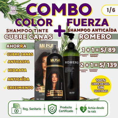 COMBO MUSA ANTICANAS + ANTICAÍDA ( SHAMPOO TINTE CUBRE CANAS 400 ML + SHAMPOO ROMERO 1 LITRO)