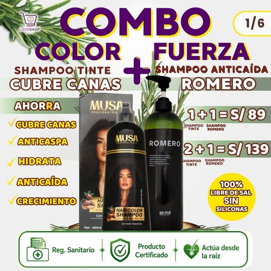 COMBO MUSA ANTICANAS + ANTICAÍDA ( SHAMPOO TINTE CUBRE CANAS 400 ML + SHAMPOO ROMERO 1 LITRO)