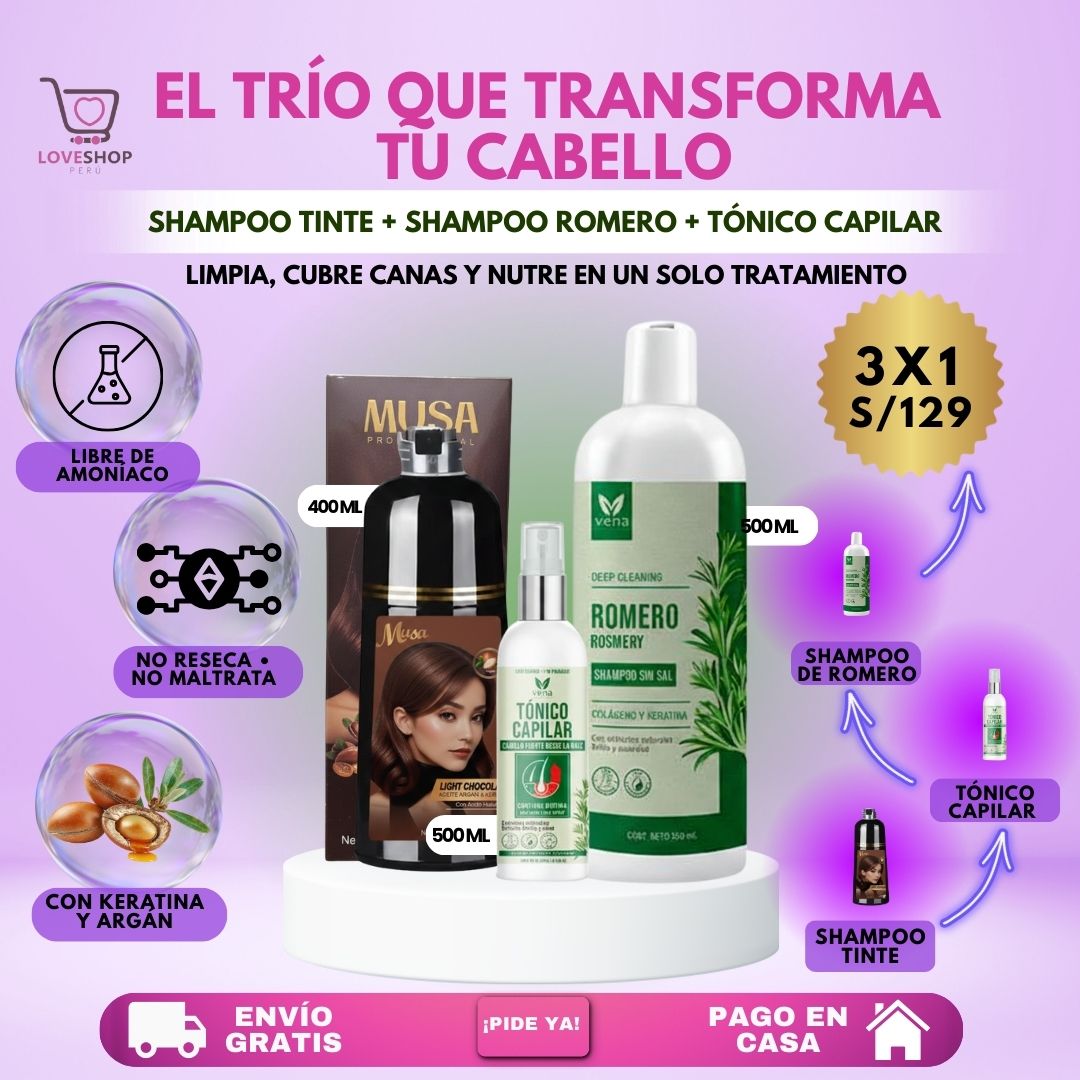 TRIO COMPLETO (SHAMPOO TINTE + SHAMPOO ROMERO + TÓNICO CAPILAR)