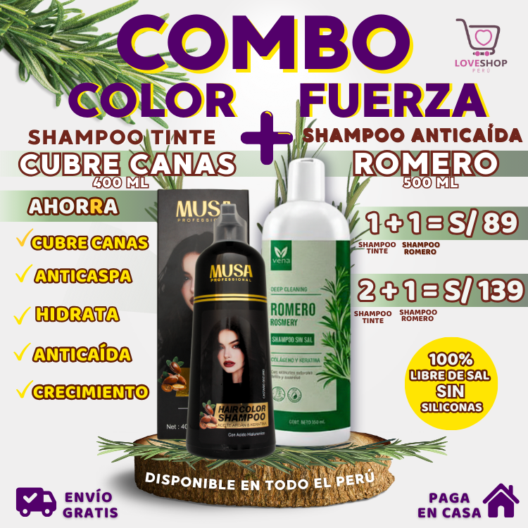 PACK 2 X 1 (SHAMPOO TINTE CUBRE CANAS 400ML + SHAMPOO ROMERO 500ML)