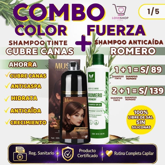 PACK 2 X 1 (SHAMPOO TINTE CUBRE CANAS 400ML + SHAMPOO ROMERO 500ML)