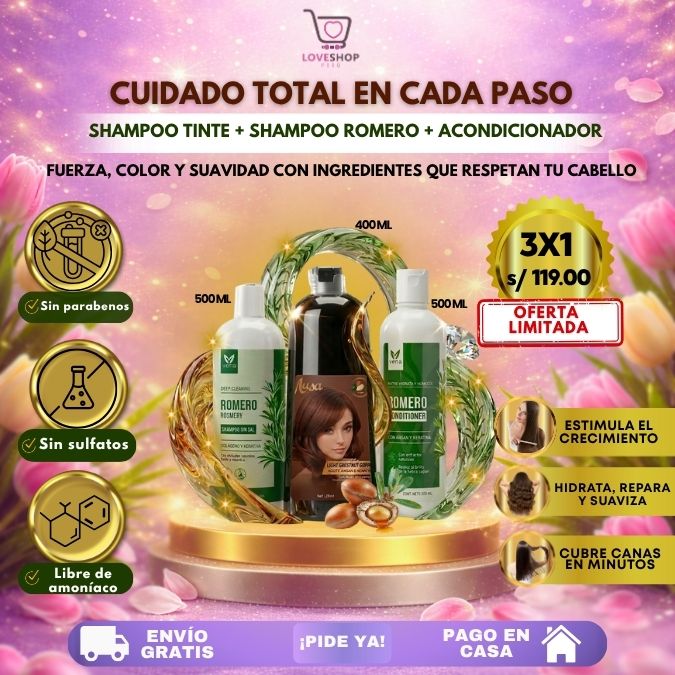 TRÍO CAPILAR COMPLETO ( SHAMPOO TINTE + SHAMPOO ROMERO + ACONDICIONADOR ROMERO)