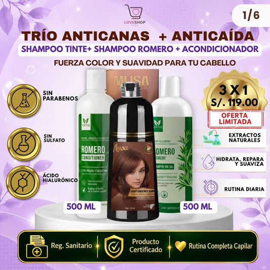 TRÍO CAPILAR COMPLETO ( SHAMPOO TINTE + SHAMPOO ROMERO + ACONDICIONADOR ROMERO)