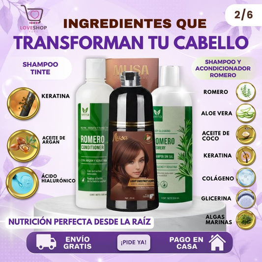 TRÍO CAPILAR COMPLETO ( SHAMPOO TINTE + SHAMPOO ROMERO + ACONDICIONADOR ROMERO)