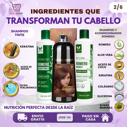 TRÍO CAPILAR COMPLETO ( SHAMPOO TINTE + SHAMPOO ROMERO + ACONDICIONADOR ROMERO)