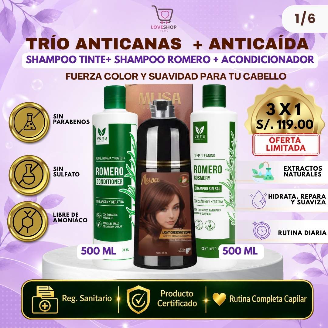TRÍO CAPILAR COMPLETO ( SHAMPOO TINTE + SHAMPOO ROMERO + ACONDICIONADOR ROMERO)