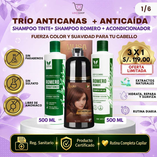 TRÍO CAPILAR COMPLETO ( SHAMPOO TINTE + SHAMPOO ROMERO + ACONDICIONADOR ROMERO)